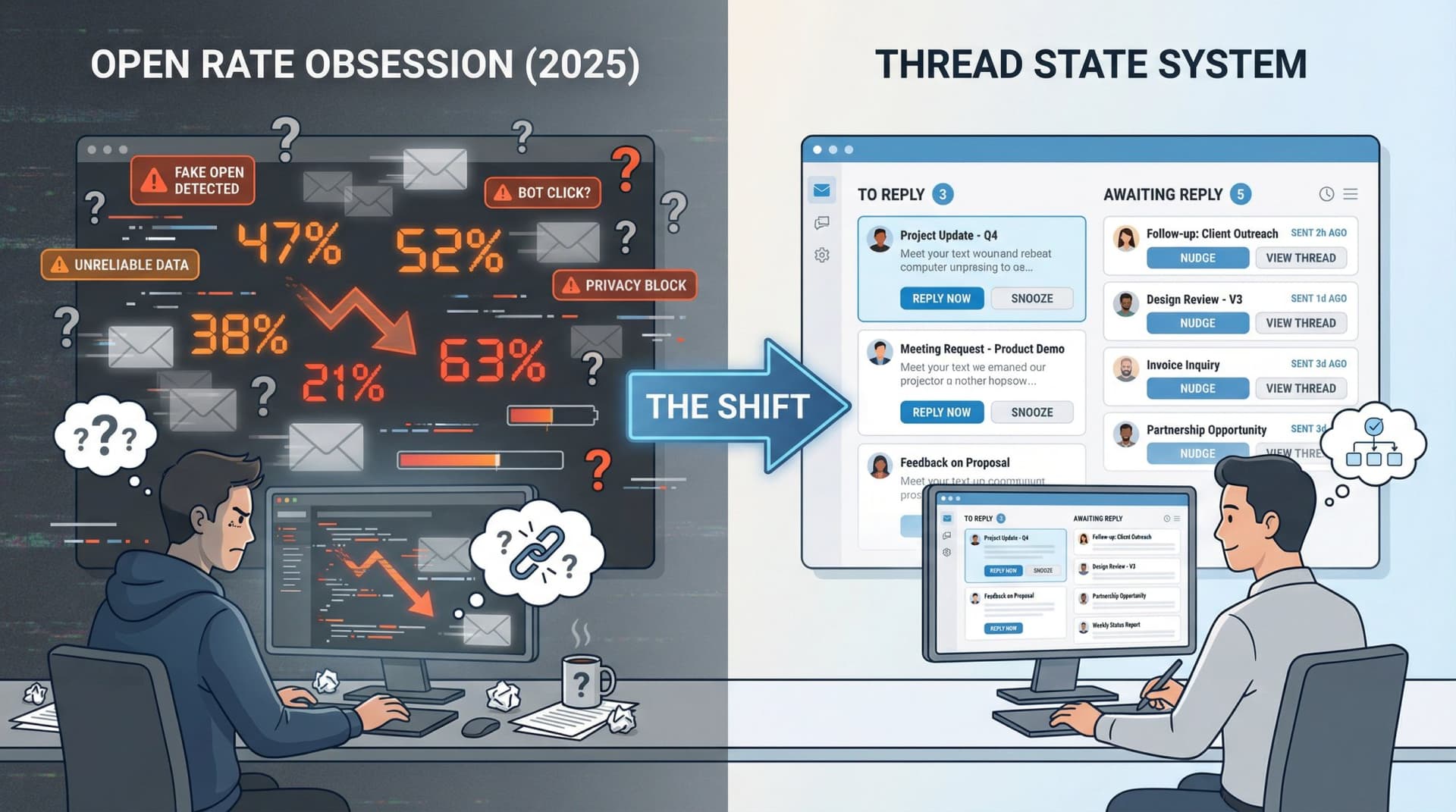 Comparison showing unreliable open rate tracking versus reliable thread-state management with Reply Zero